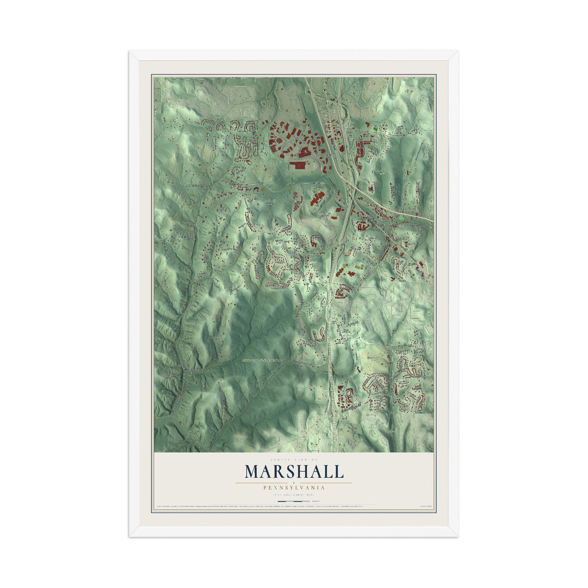 Map of Marshall, Pennsylvania, 12 x 18 inch print in a white wood frame