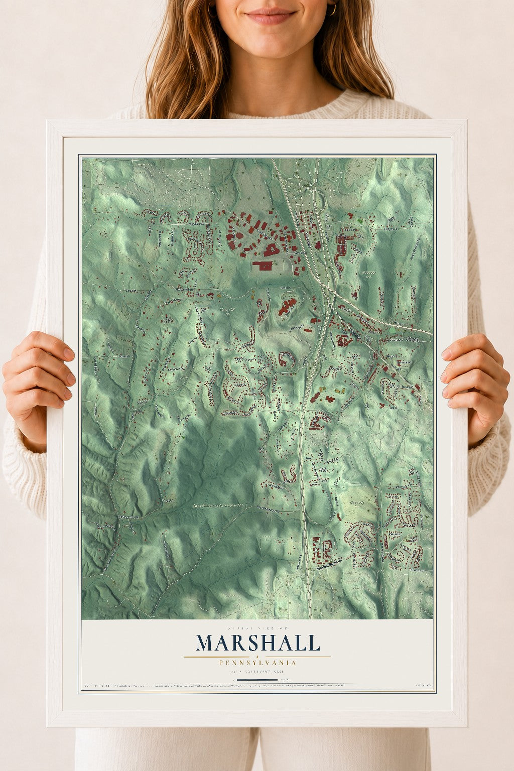 Map of Marshall, Pennsylvania, 18 x 24 inch print in a white wood frame
