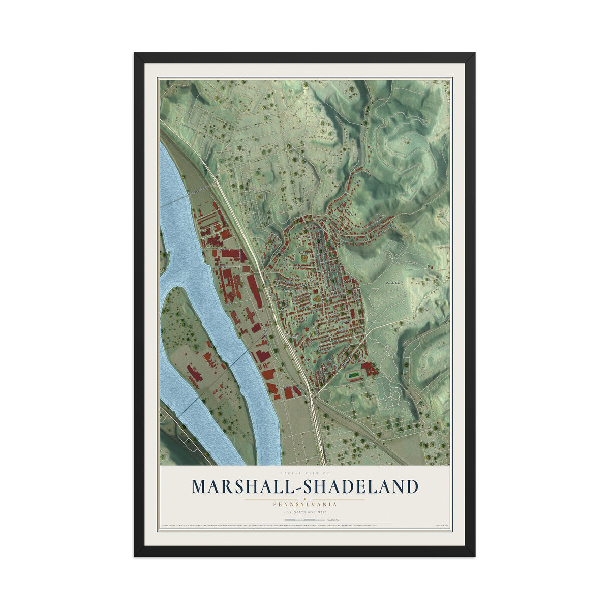 Map of Marshall-Shadeland, Pennsylvania, 12 x 18 inch print in a black wood frame