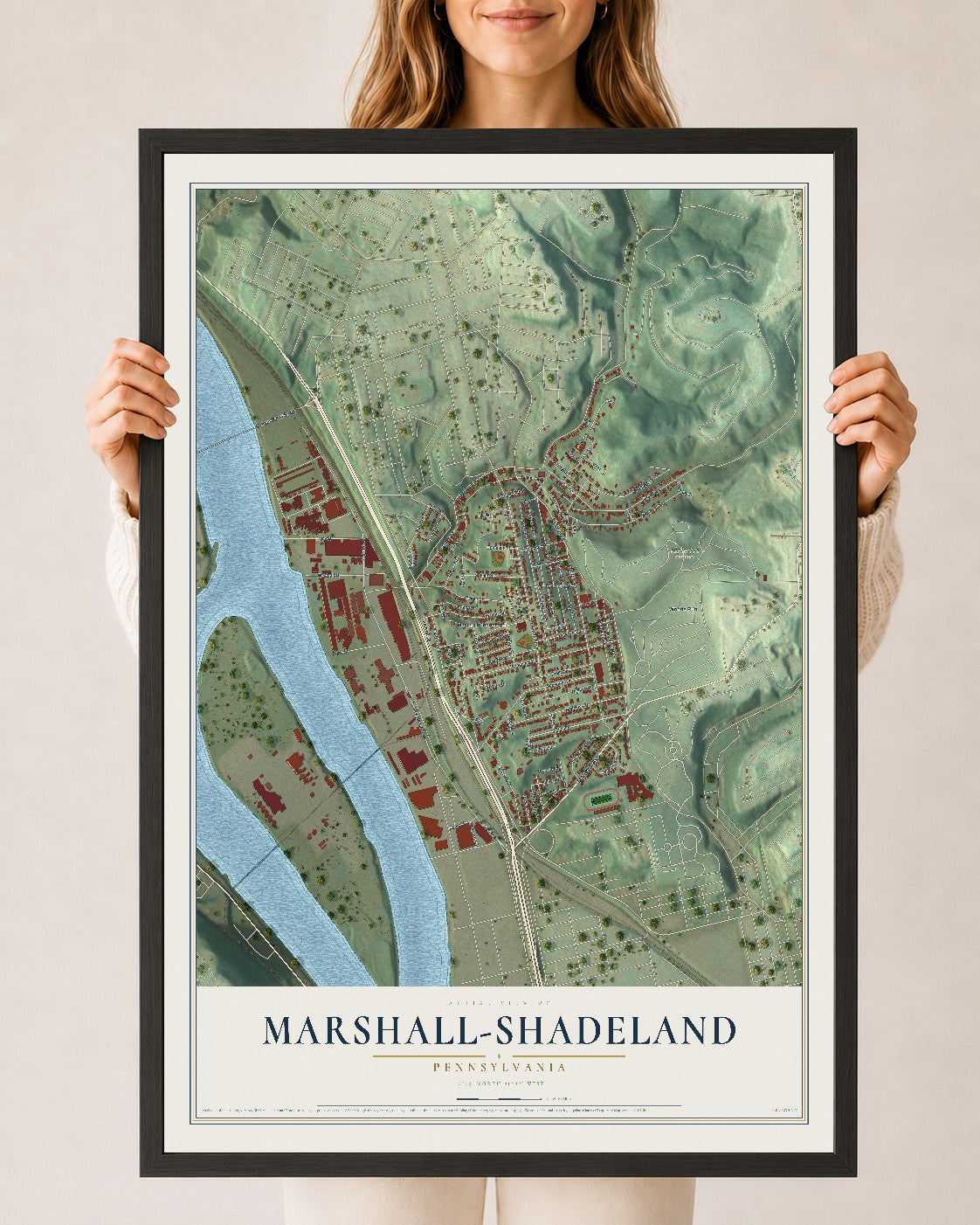 Map of Marshall-Shadeland, Pennsylvania, 24 x 36 inch print in a black wood frame