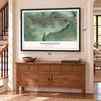 Marshallton, Pennsylvania map, 24 x 36 inch print in a black frame above a dresser by a staircase