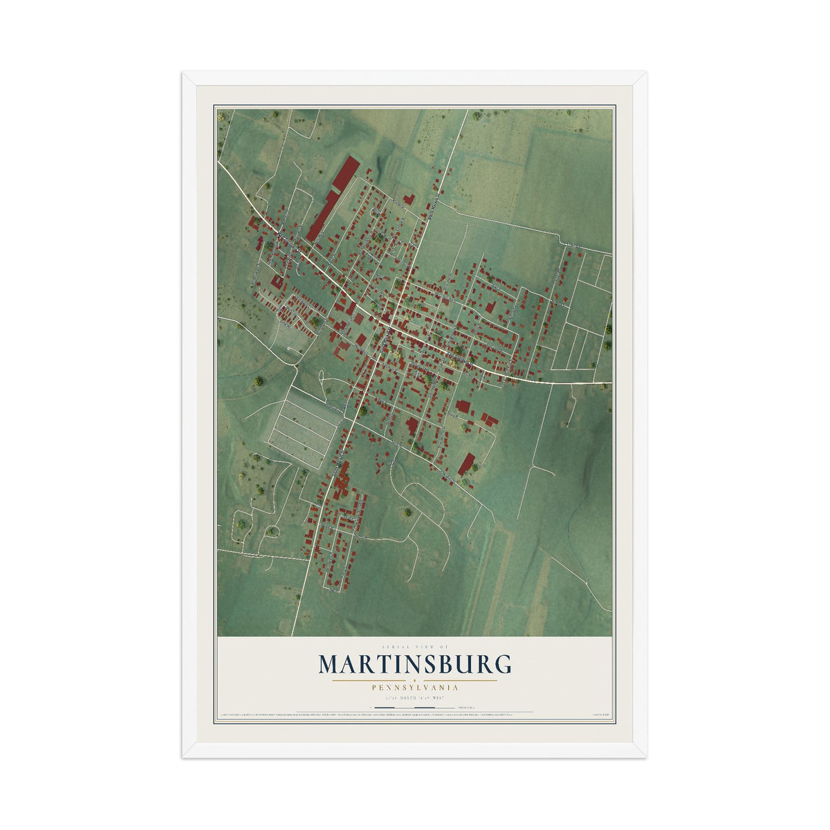 Map of Martinsburg, Pennsylvania, 12 x 18 inch print in a white wood frame