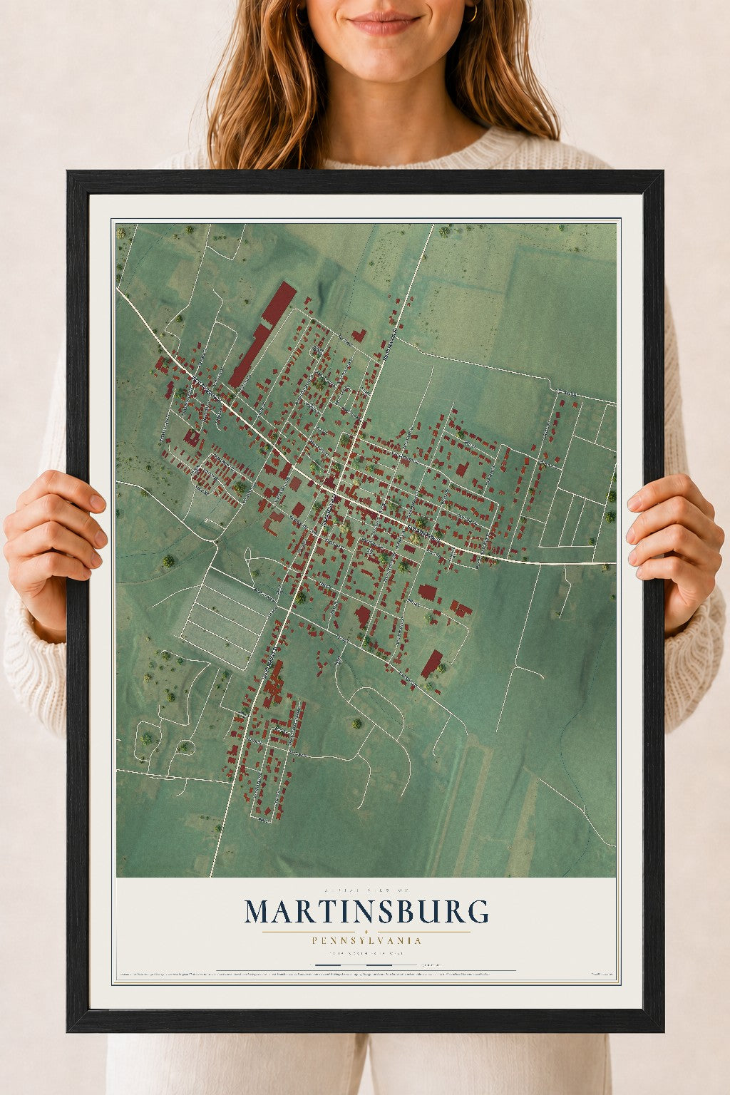 Map of Martinsburg, Pennsylvania, 18 x 24 inch print in a black wood frame
