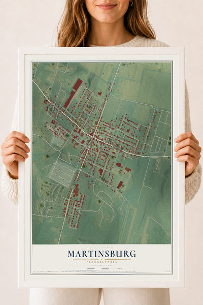 Map of Martinsburg, Pennsylvania, 18 x 24 inch print in a white wood frame