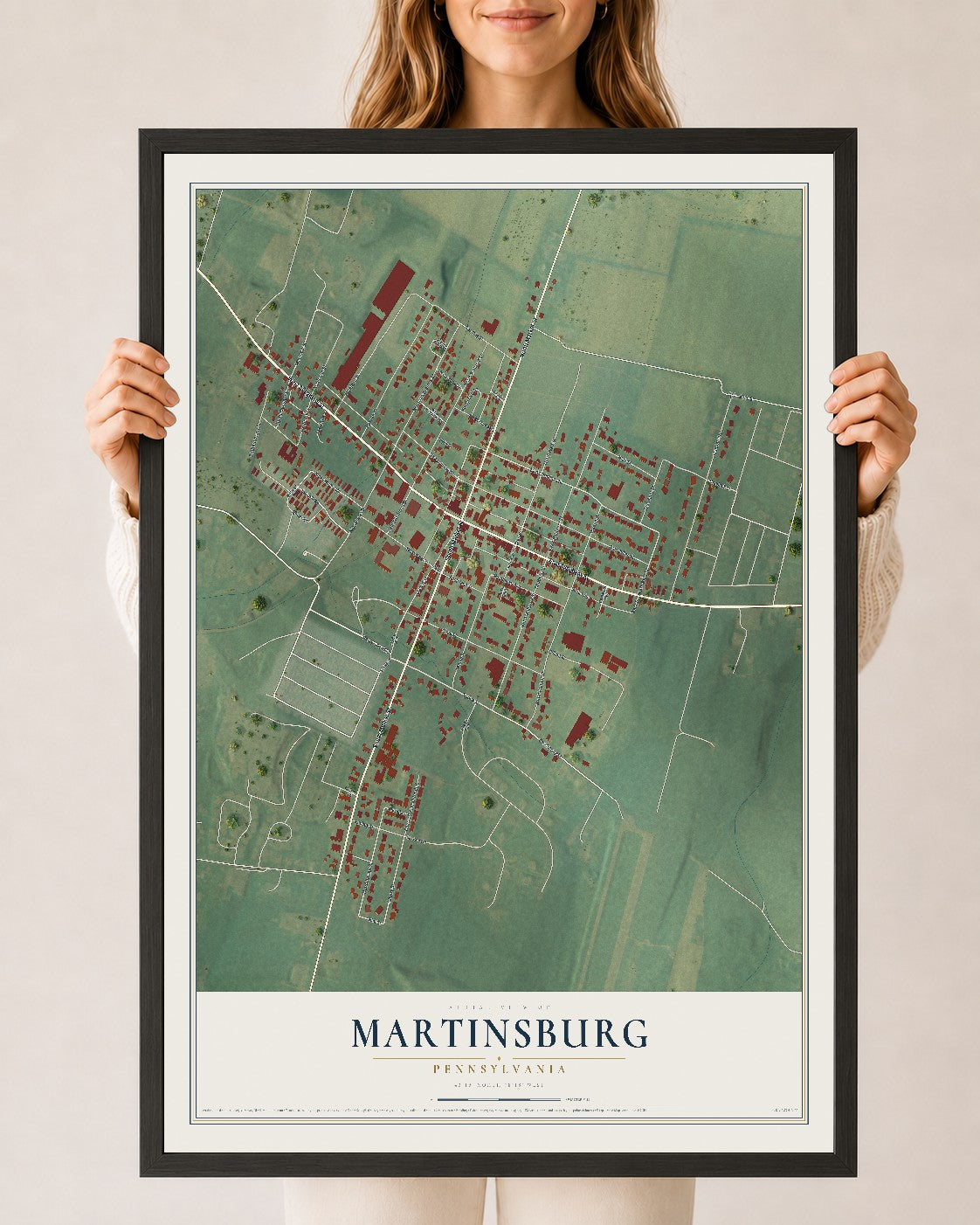 Map of Martinsburg, Pennsylvania, 24 x 36 inch print in a black wood frame