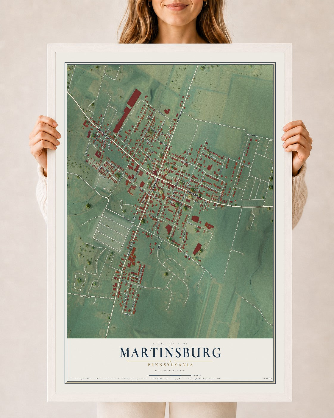 Map of Martinsburg, Pennsylvania, 24 x 36 inch print in a white wood frame