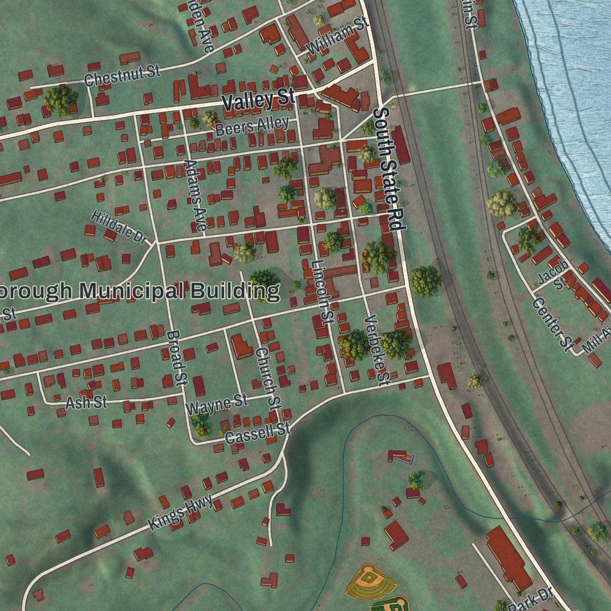 Close-up of the map of Marysville, Pennsylvania print showing street and building detail