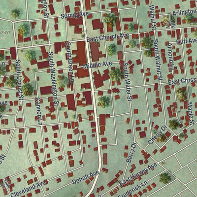Close-up of the map of Masontown, Pennsylvania print showing street and building detail