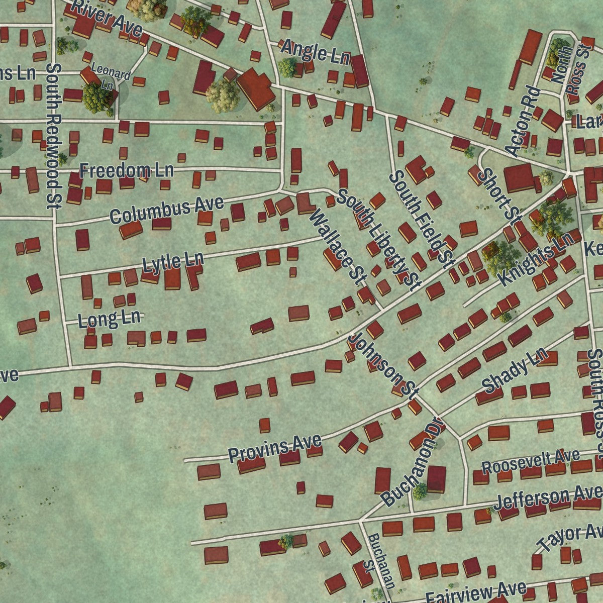 Second close-up of the map of Masontown, Pennsylvania print showing more streets and buildings