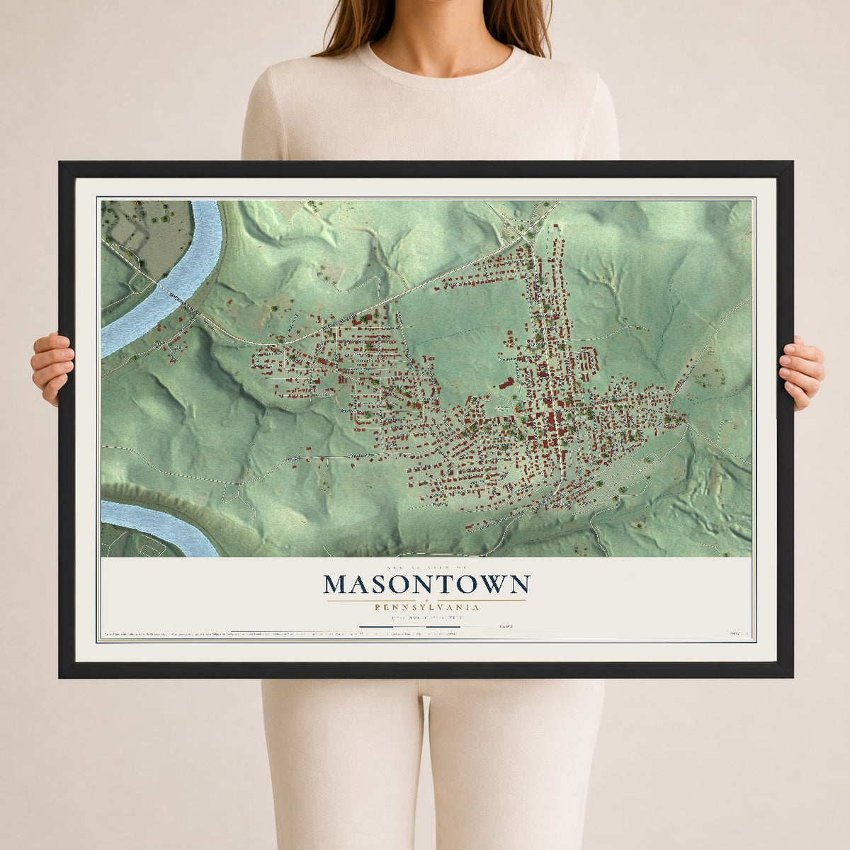 Map of Masontown, Pennsylvania, 24 x 36 inch print in a black wood frame