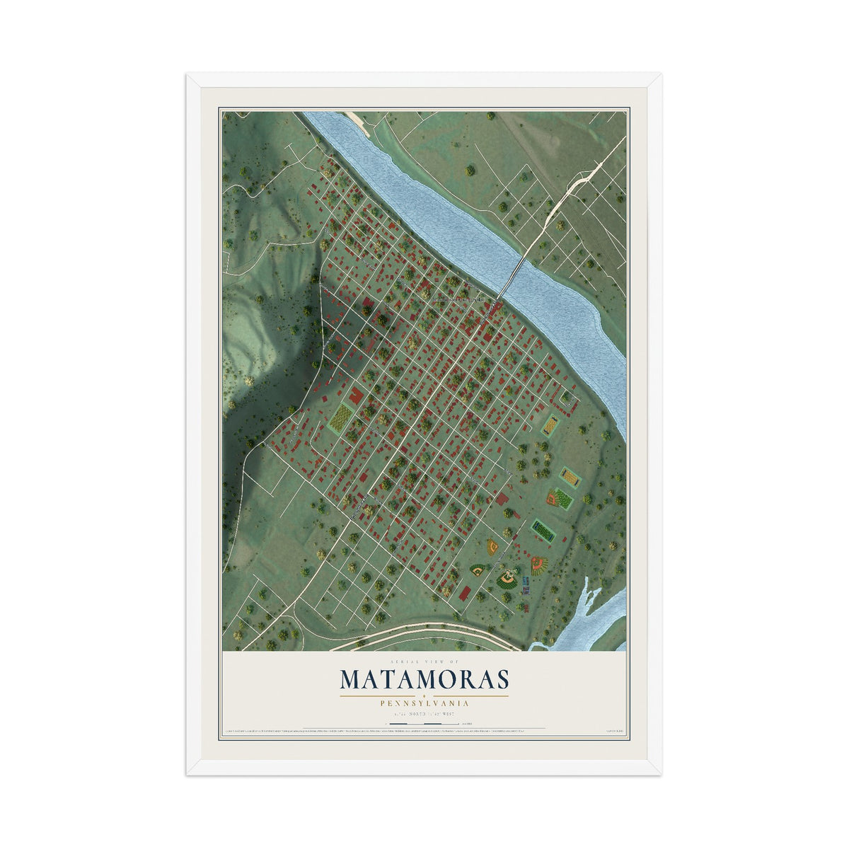Map of Matamoras, Pennsylvania, 12 x 18 inch print in a white wood frame