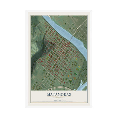 Map of Matamoras, Pennsylvania, 12 x 18 inch print in a white wood frame