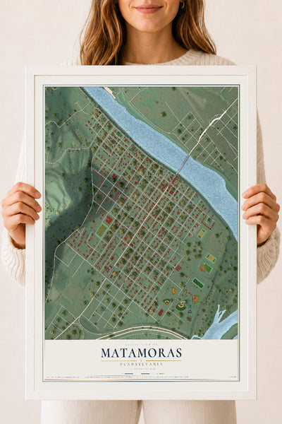 Map of Matamoras, Pennsylvania, 18 x 24 inch print in a white wood frame
