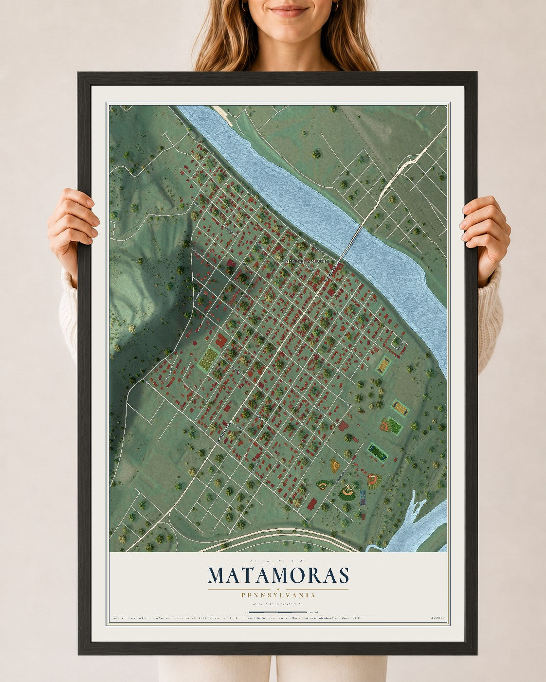 Map of Matamoras, Pennsylvania, 24 x 36 inch print in a black wood frame