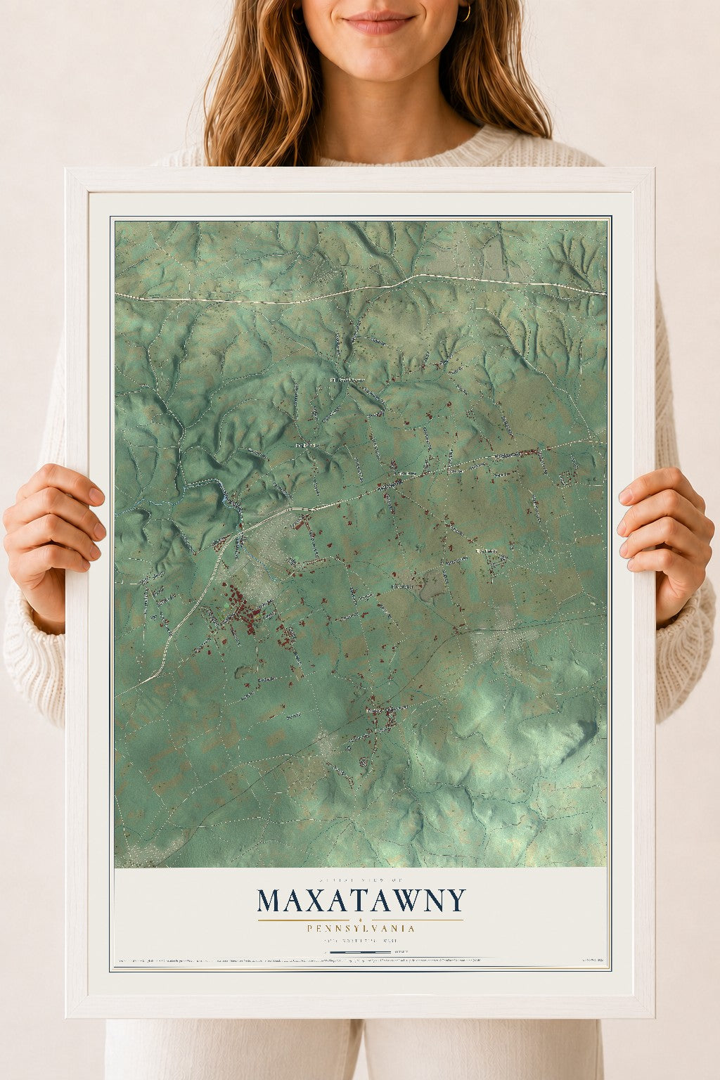 Map of Maxatawny, Pennsylvania, 18 x 24 inch print in a white wood frame