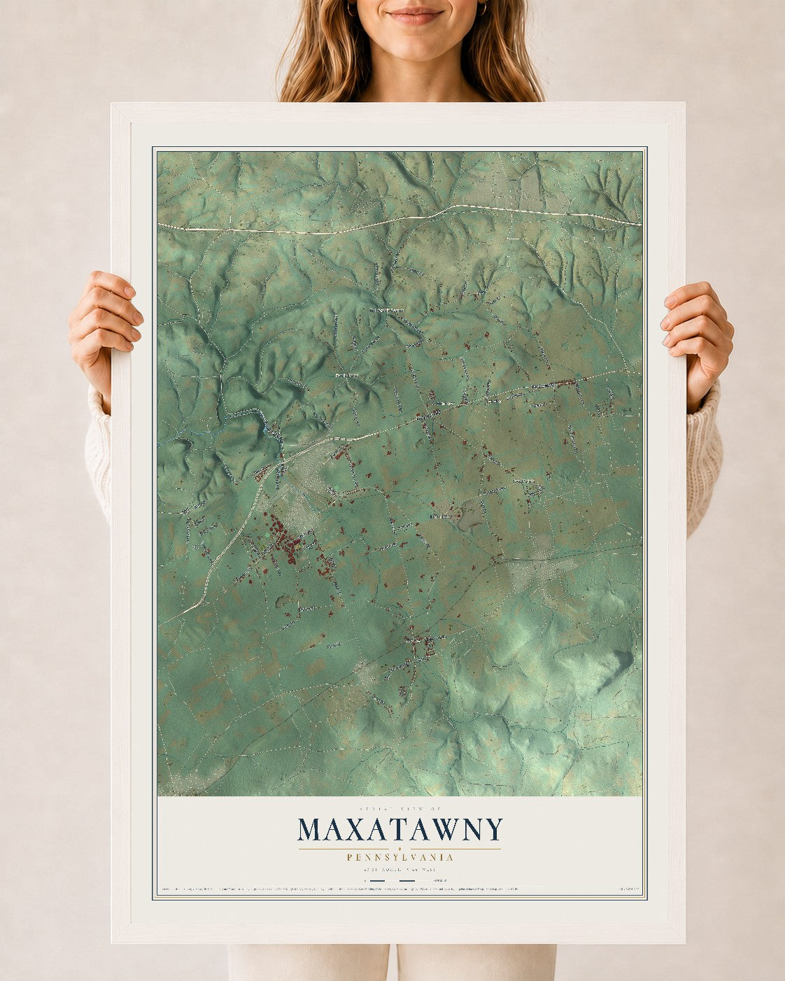 Map of Maxatawny, Pennsylvania, 24 x 36 inch print in a white wood frame