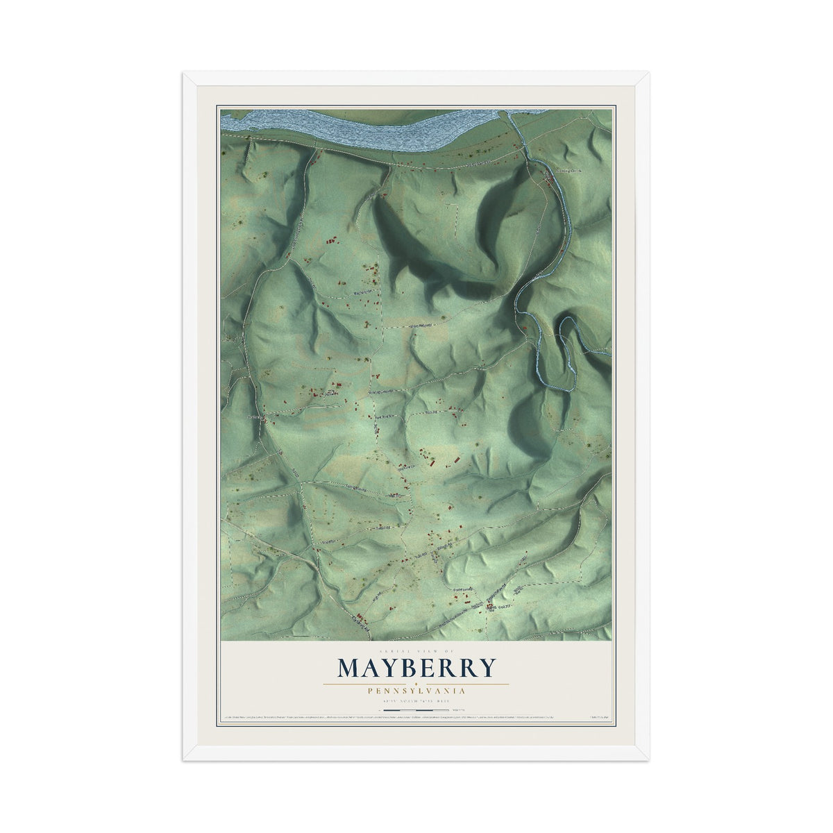 Map of Mayberry, Pennsylvania, 12 x 18 inch print in a white wood frame