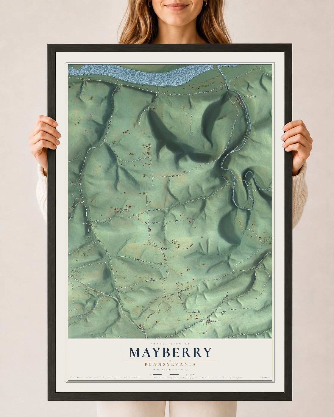 Map of Mayberry, Pennsylvania, 24 x 36 inch print in a black wood frame