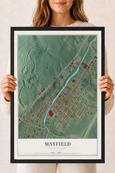 Map of Mayfield, Pennsylvania, 18 x 24 inch print in a black wood frame