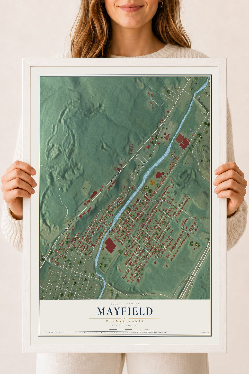 Map of Mayfield, Pennsylvania, 18 x 24 inch print in a white wood frame