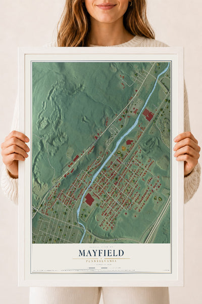 Map of Mayfield, Pennsylvania, 18 x 24 inch print in a white wood frame