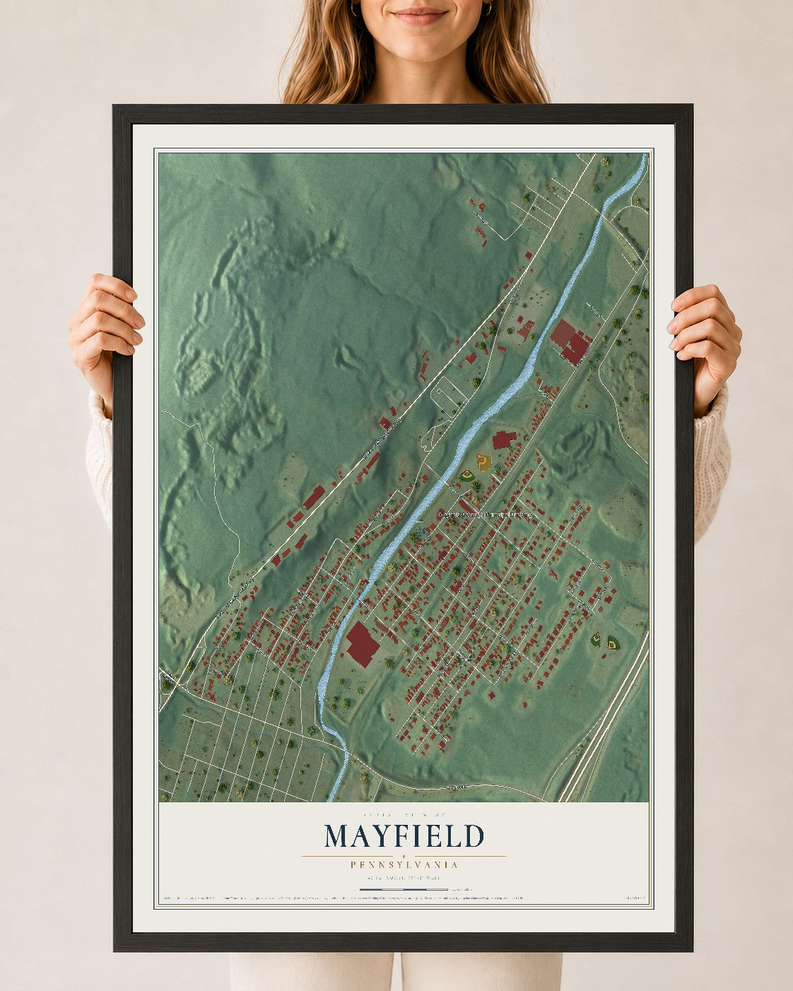 Map of Mayfield, Pennsylvania, 24 x 36 inch print in a black wood frame