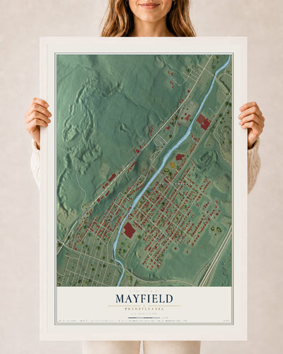 Map of Mayfield, Pennsylvania, 24 x 36 inch print in a white wood frame