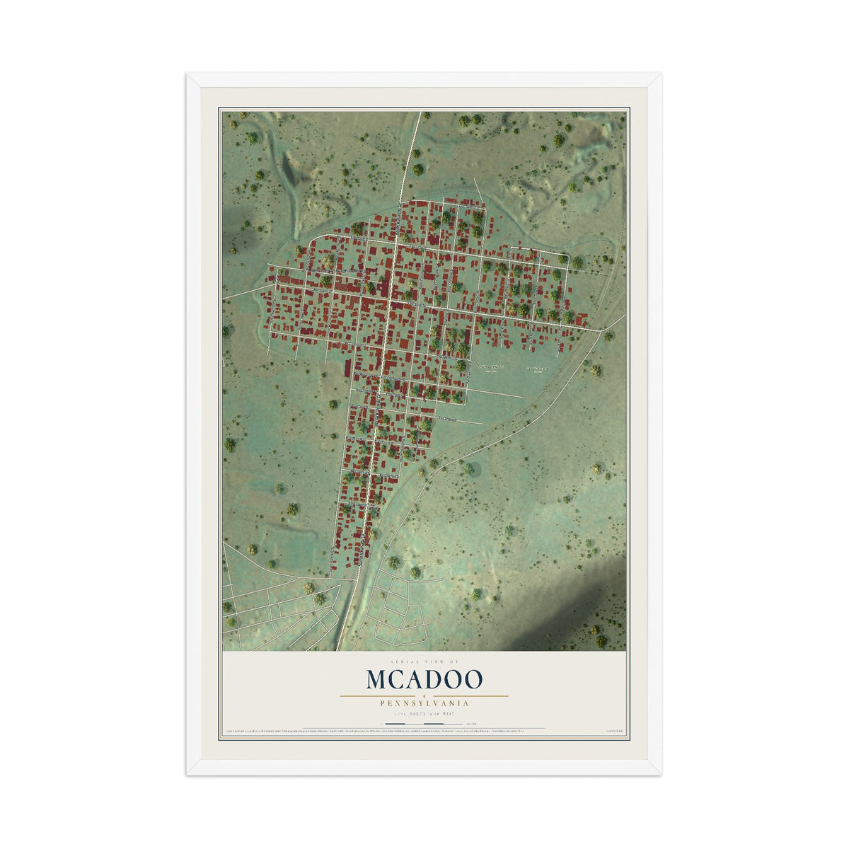Map of McAdoo, Pennsylvania, 12 x 18 inch print in a white wood frame