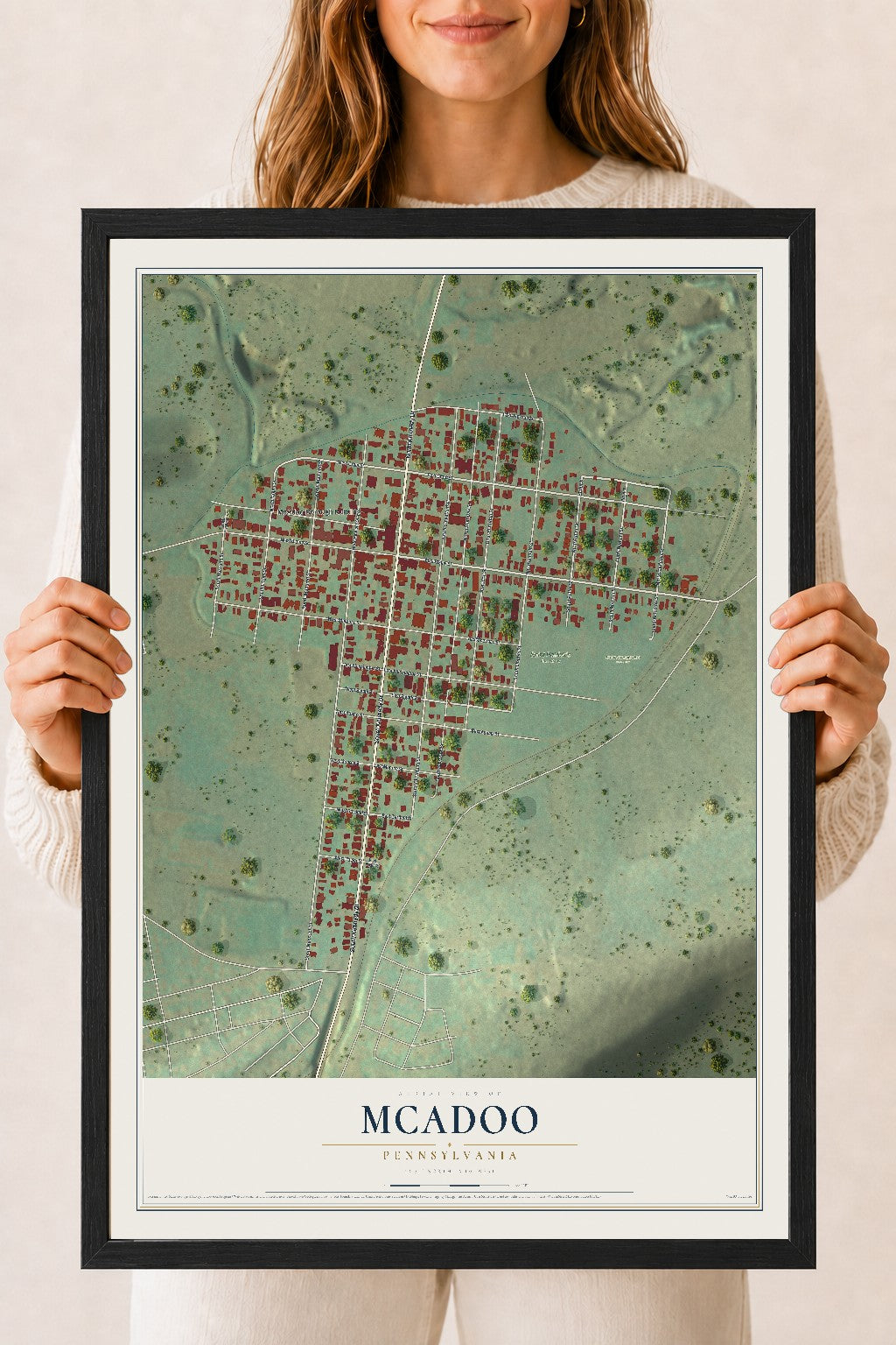 Map of McAdoo, Pennsylvania, 18 x 24 inch print in a black wood frame