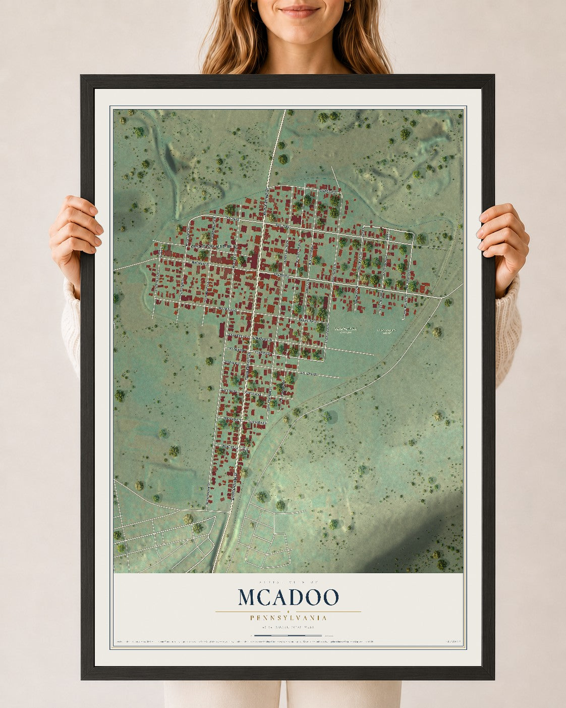 Map of McAdoo, Pennsylvania, 24 x 36 inch print in a black wood frame