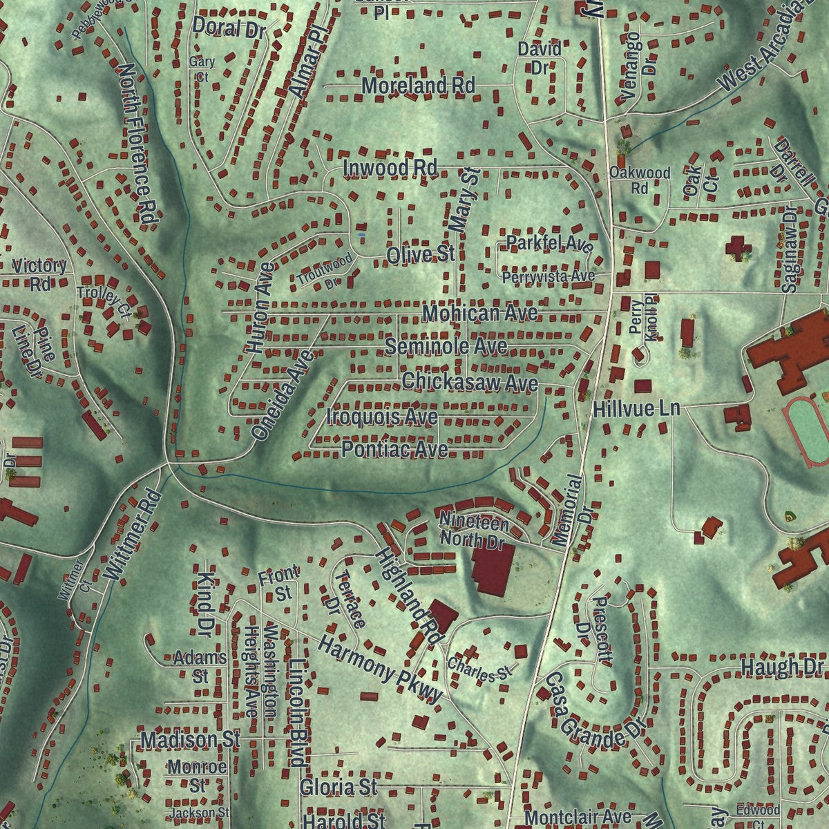 Close-up of the map of McCandless, Pennsylvania print showing street and building detail