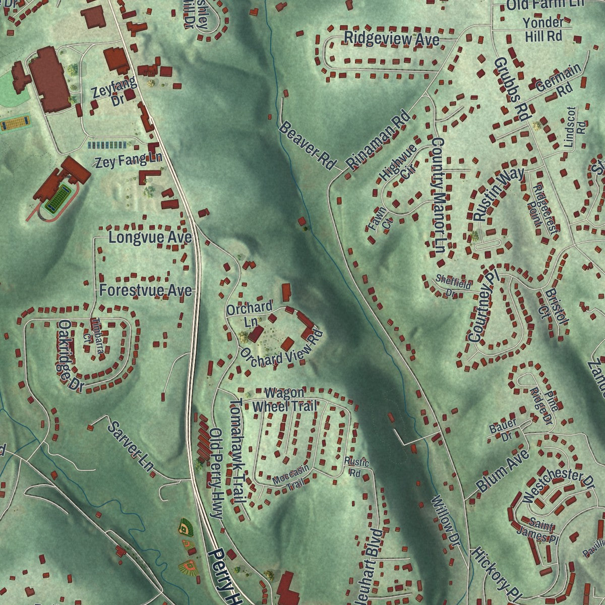 Second close-up of the map of McCandless, Pennsylvania print showing more streets and buildings