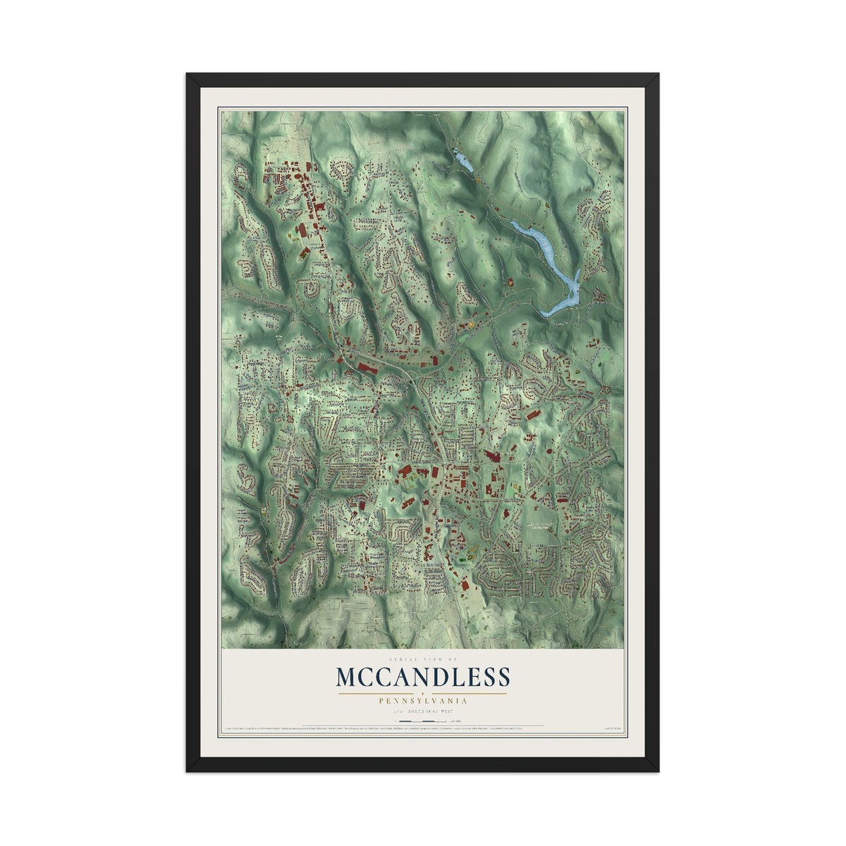 Map of McCandless, Pennsylvania, 12 x 18 inch print in a black wood frame