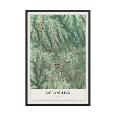 Map of McCandless, Pennsylvania, 12 x 18 inch print in a black wood frame