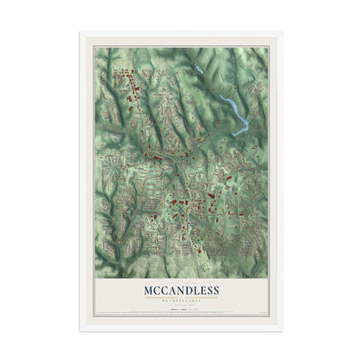 Map of McCandless, Pennsylvania, 12 x 18 inch print in a white wood frame