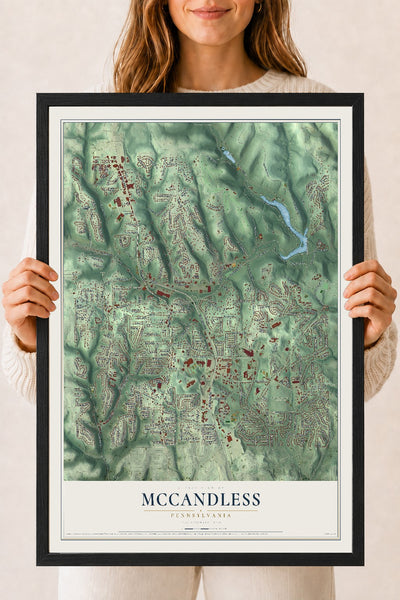 Map of McCandless, Pennsylvania, 18 x 24 inch print in a black wood frame