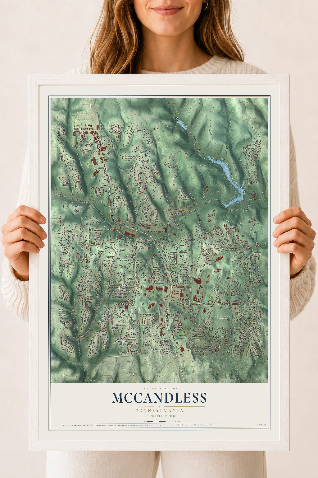 Map of McCandless, Pennsylvania, 18 x 24 inch print in a white wood frame