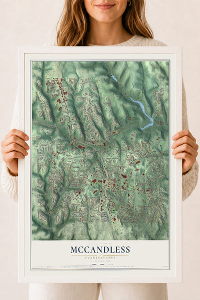 Map of McCandless, Pennsylvania, 18 x 24 inch print in a white wood frame