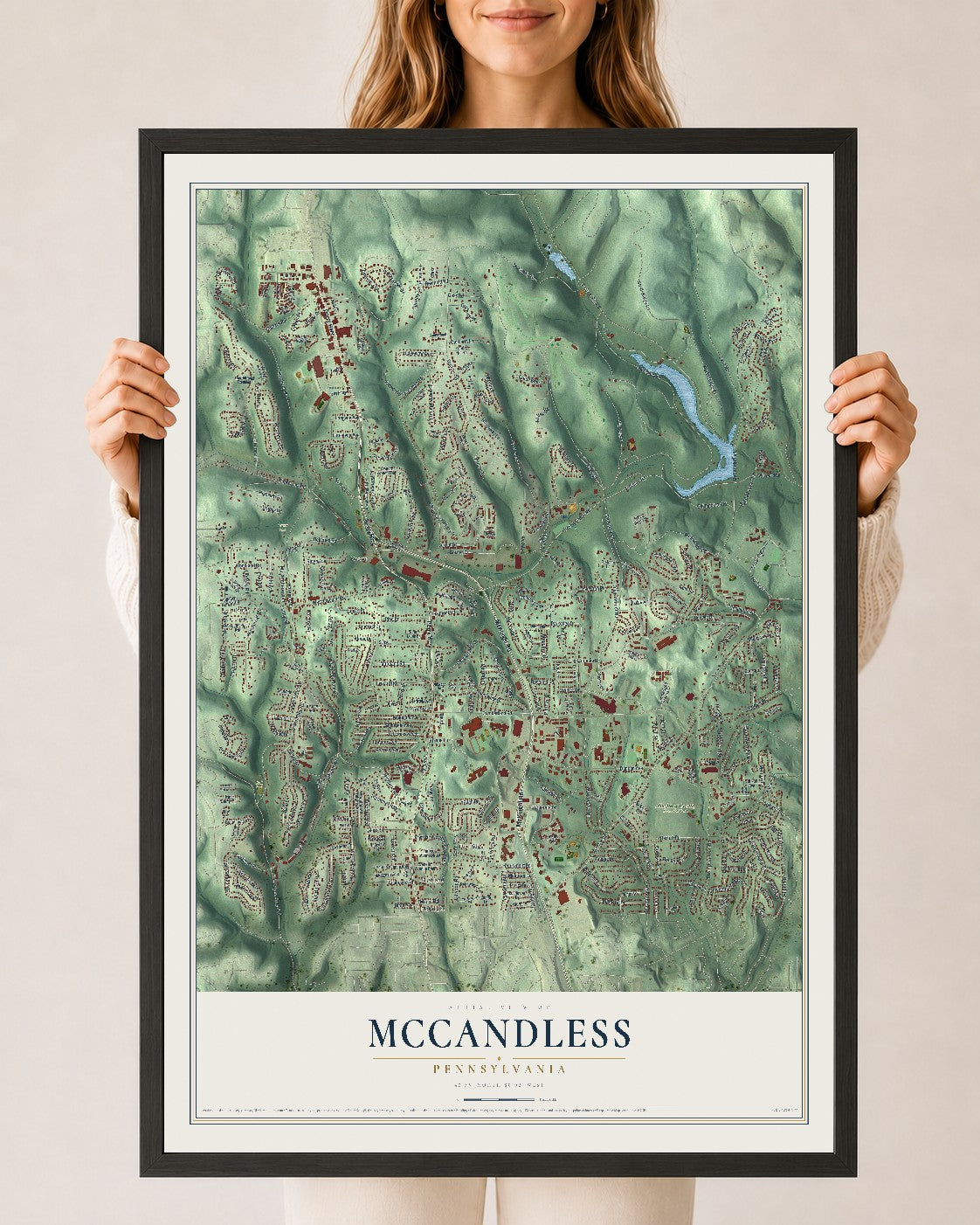 Map of McCandless, Pennsylvania, 24 x 36 inch print in a black wood frame