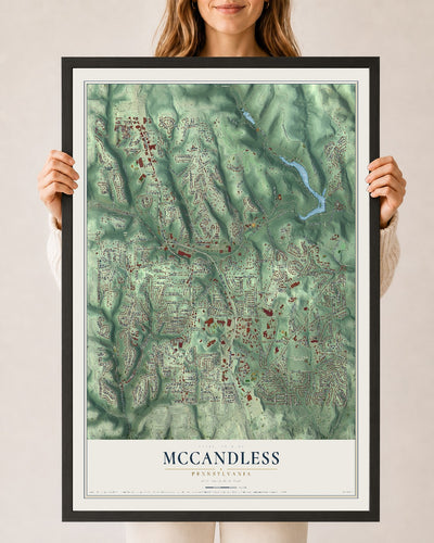 Map of McCandless, Pennsylvania, 24 x 36 inch print in a black wood frame