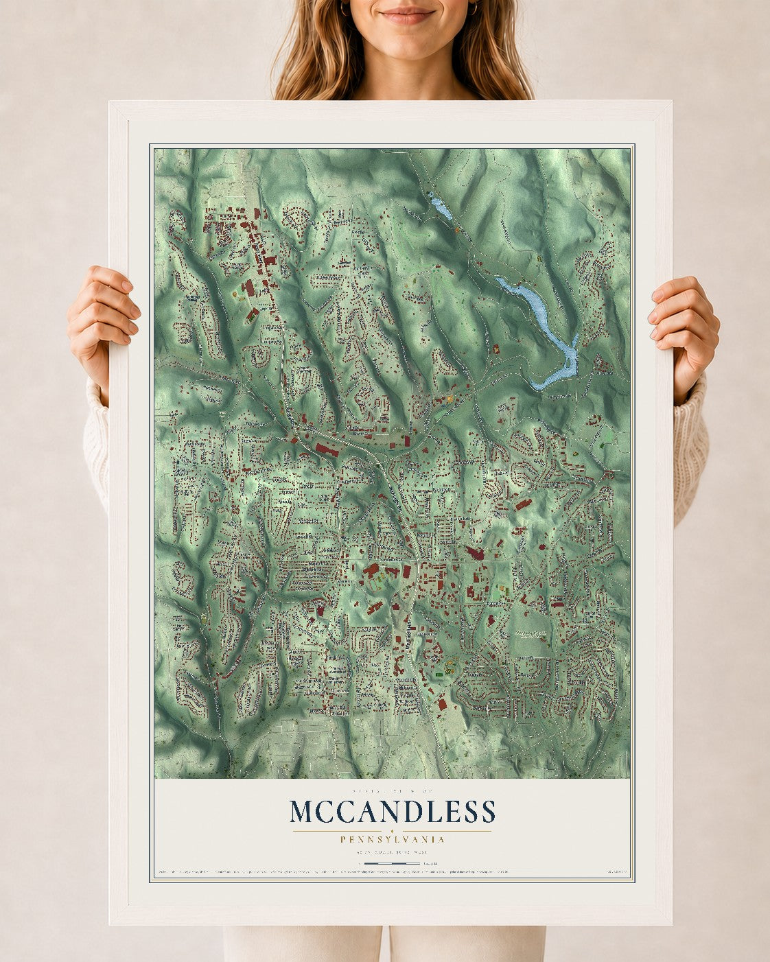 Map of McCandless, Pennsylvania, 24 x 36 inch print in a white wood frame