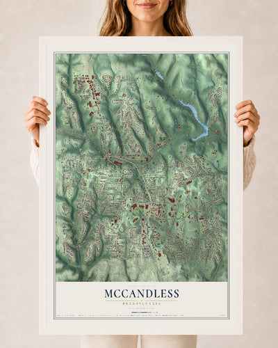 Map of McCandless, Pennsylvania, 24 x 36 inch print in a white wood frame