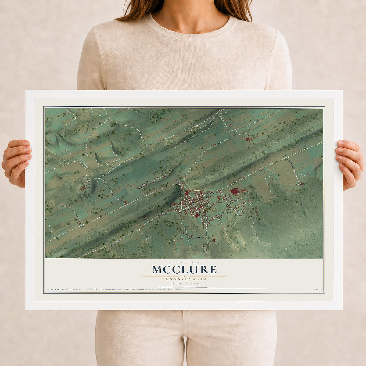 Map of McClure, Pennsylvania, 12 x 18 inch print in a white wood frame
