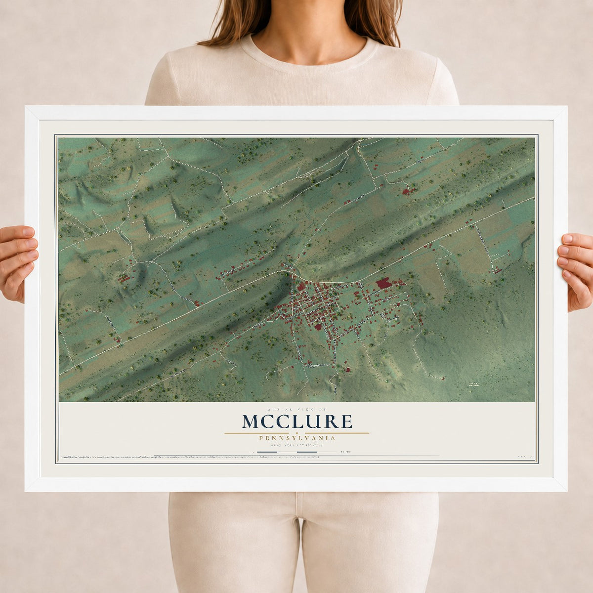 Map of McClure, Pennsylvania, 18 x 24 inch print in a white wood frame