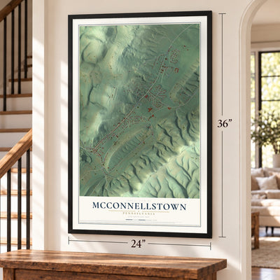 McConnellstown, Pennsylvania map, 24 x 36 inch print in a black frame by a staircase