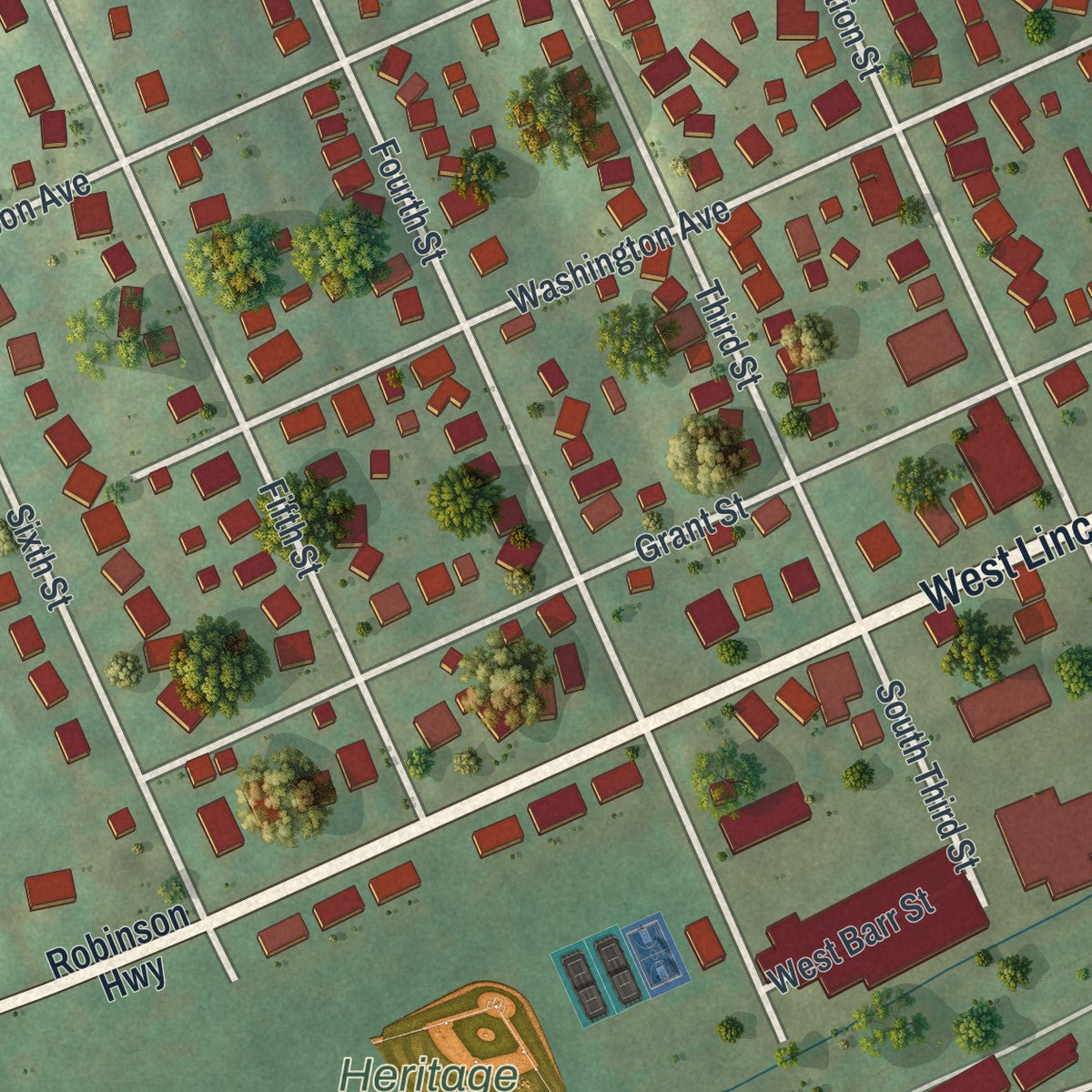 Second close-up of the map of McDonald, Pennsylvania print showing more streets and buildings