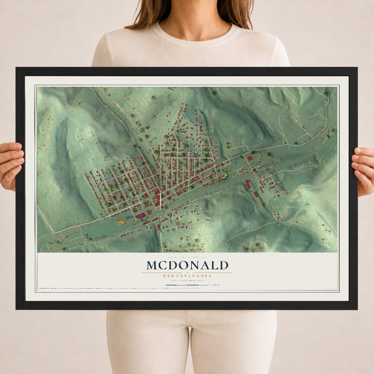 Map of McDonald, Pennsylvania, 18 x 24 inch print in a black wood frame
