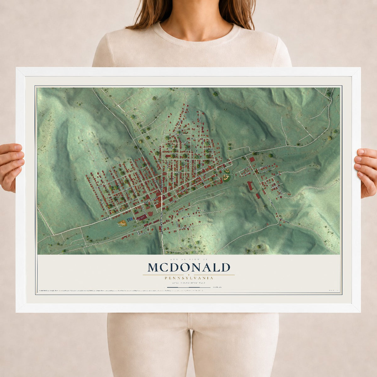 Map of McDonald, Pennsylvania, 18 x 24 inch print in a white wood frame