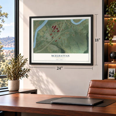 McElhattan, Pennsylvania map, 18 x 24 inch print in a black frame in a home office