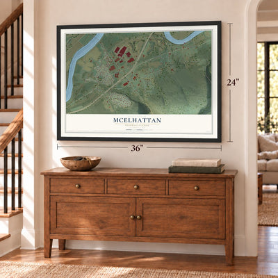 McElhattan, Pennsylvania map, 24 x 36 inch print in a black frame above a dresser by a staircase